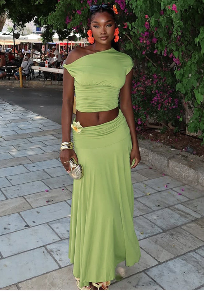 Solid Color Casual Pleated One-Shoulder Slash Shoulder Crop Top Long Skirt Two-Piece Women's Set