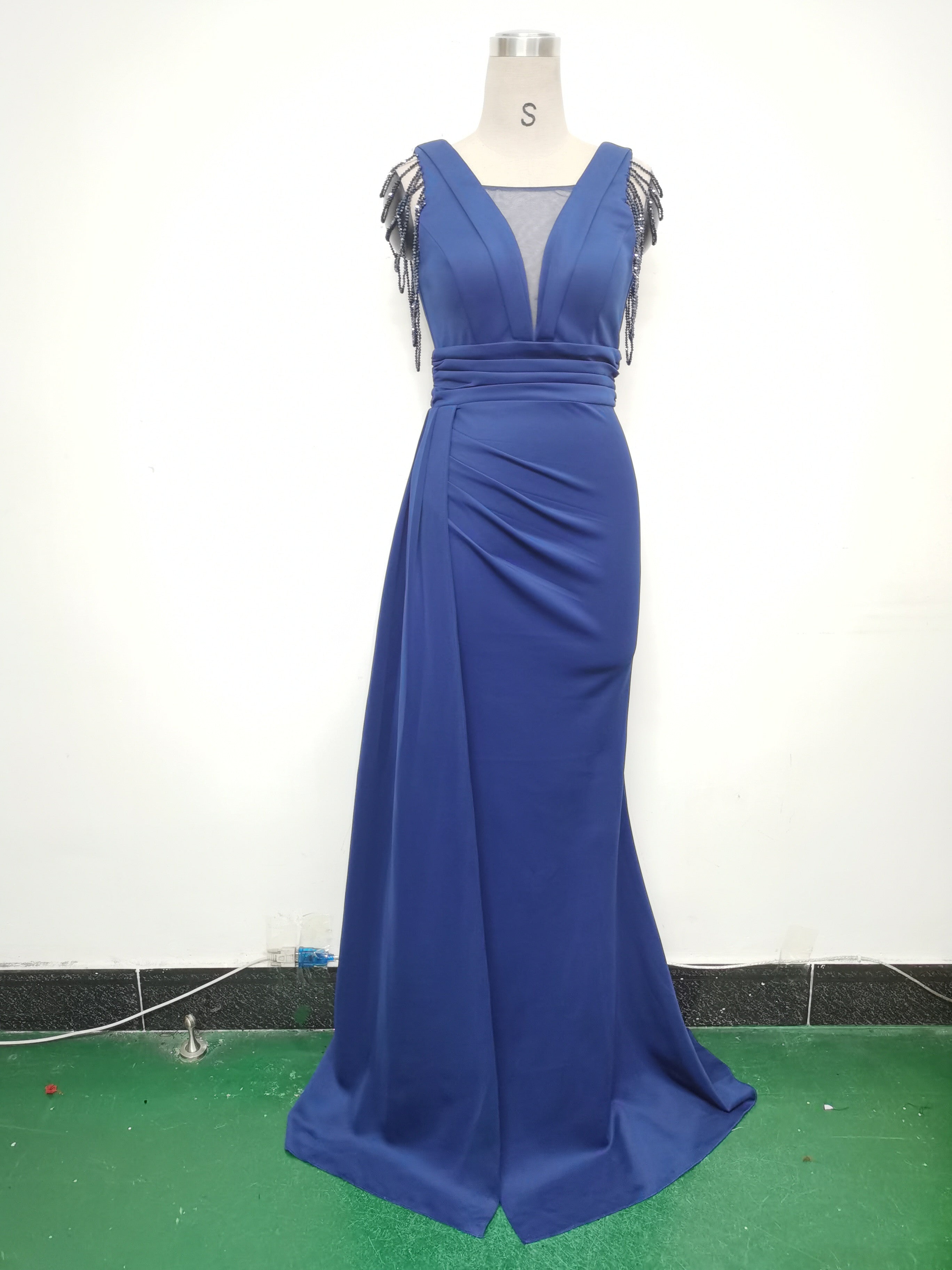 Women Satin Pleated Beaded Evening Dress 32