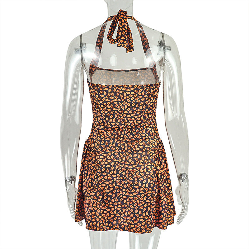 Women Pleated Print Halter Neck Backless Dress 11