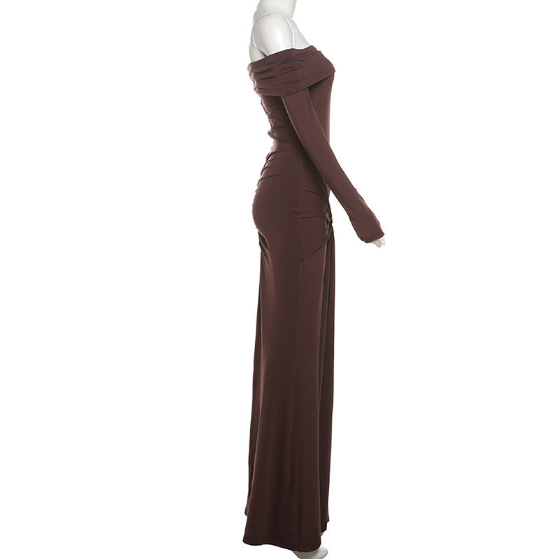 Women Autumn and Winter Off Shoulder Solid Long Sleeve Bodycon Dress 11
