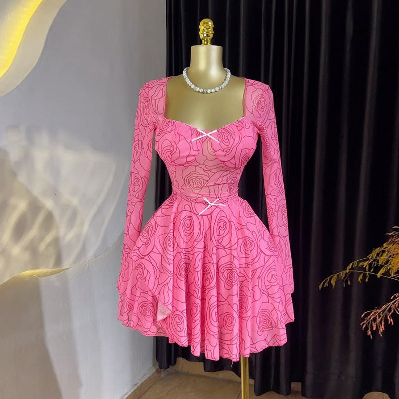 Women's Summer Chic Sweet Square Neck Bow Long Sleeve Asymmetrical Dress 3