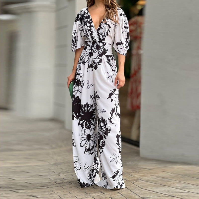 Summer Women's Fashionable And Elegant Print Bat Sleeves Slim Waist V-Neck Jumpsuit 6