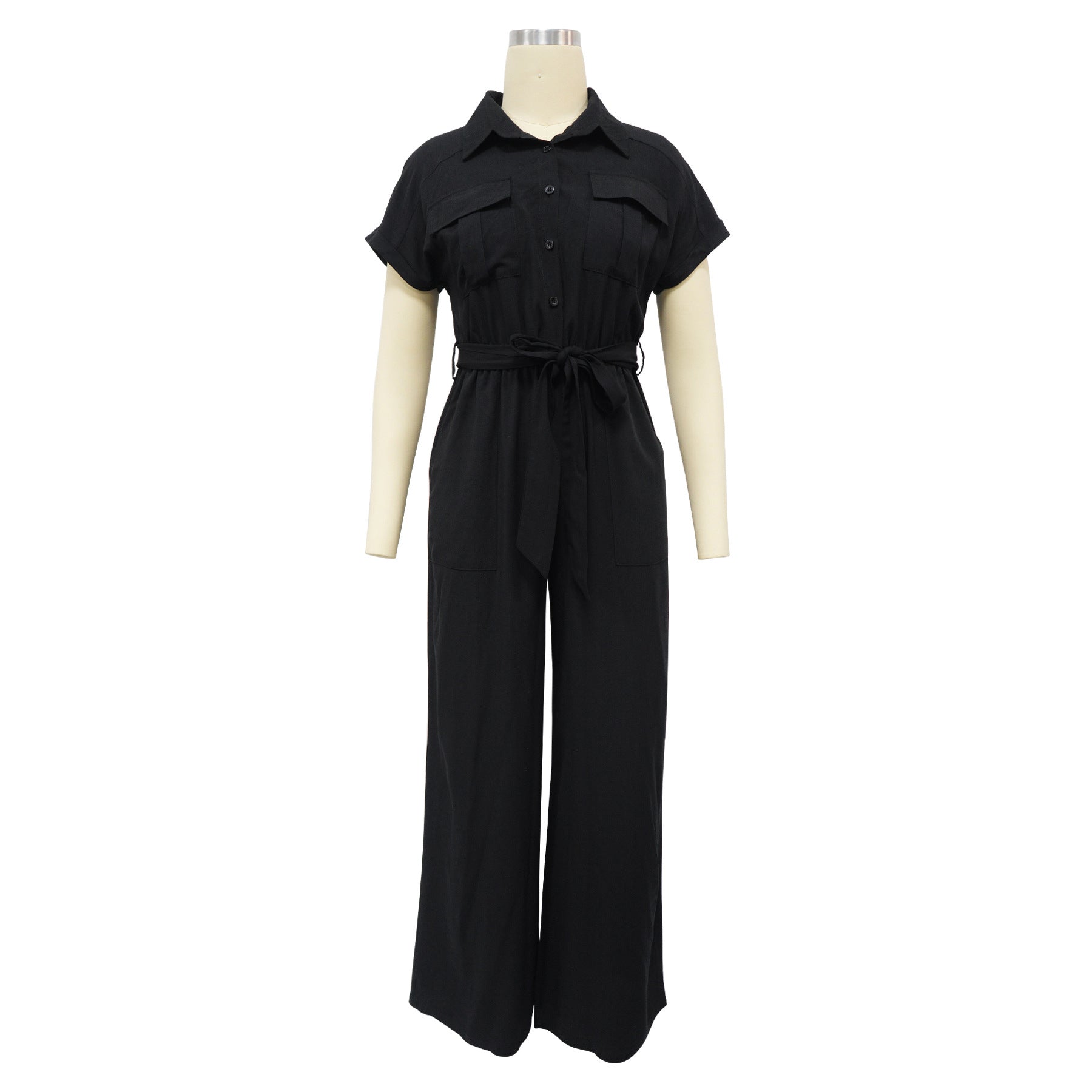 Women's Solid Color Casual Women's Turndown Collar Short Sleeve Linen Jumpsuit 13