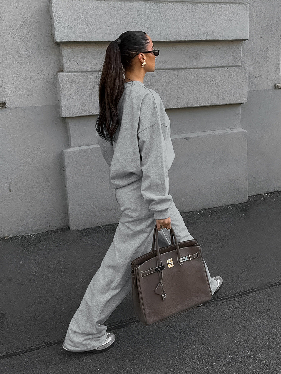 Women Autumn Gray Knitting Long Sleeve Top and Pants Casual Sports Two Piece Set 4