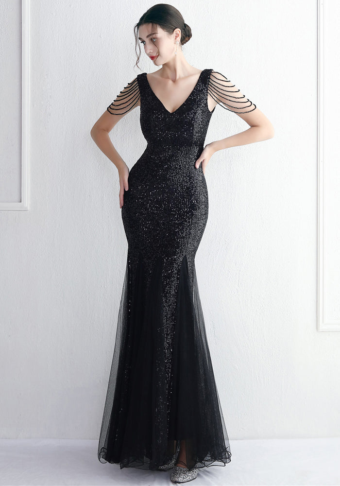 Beaded Mesh Evening Dress Long Formal Party Slim Evening Dress