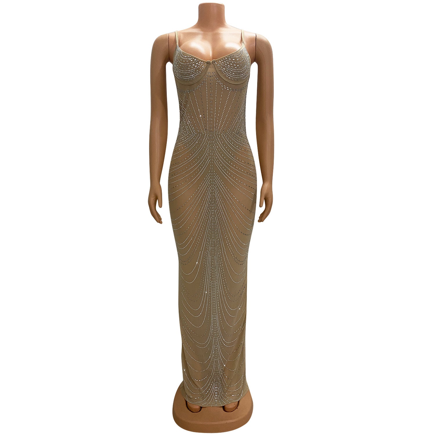 Women's Solid Color Mesh Beaded Straps Maxi Dress 16