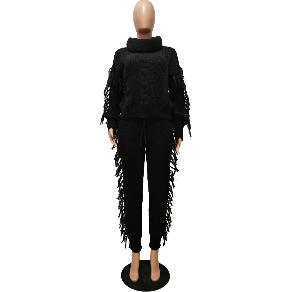 Women's Fashion Casual Solid Color Knitting Long Sleeve Turtleneck Tassel Set 16