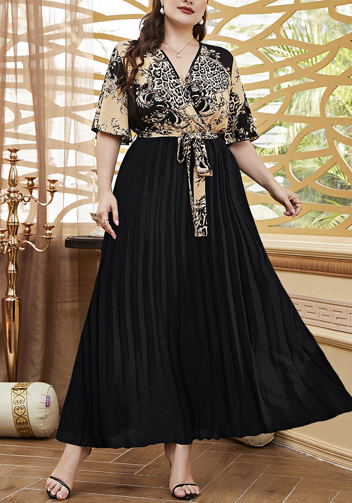 Plus Size Women Waist tie print sexy v-neck Patchwork short sleeve Dress