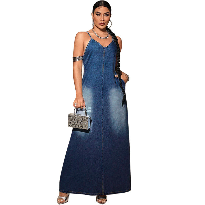 Women's Denim Strap Casual Long Dress 6