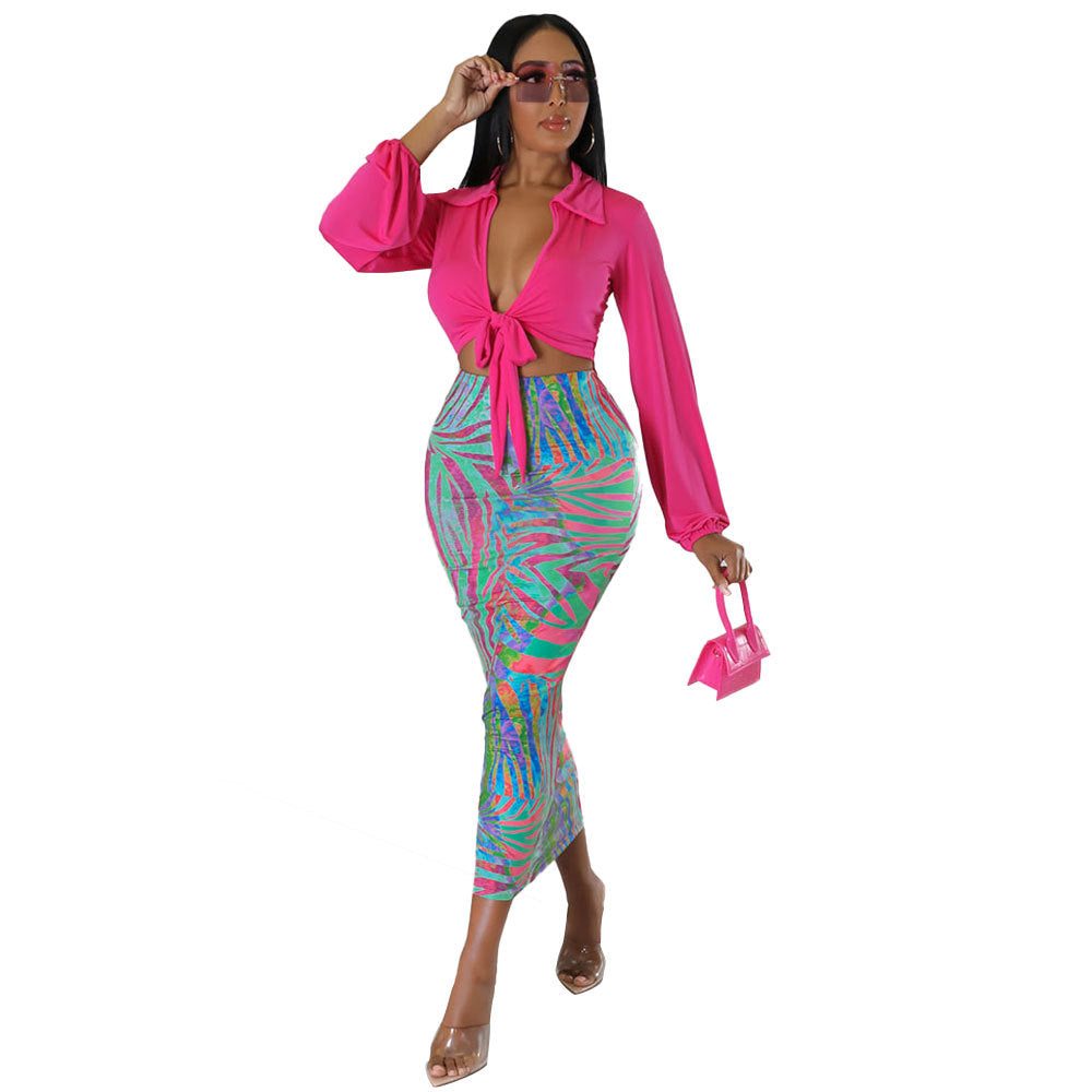 Women'S Fashion Solid Long Sleeve Tied Shirt Multi-Color Print Bodycon Skirt Two-Piece Set 4
