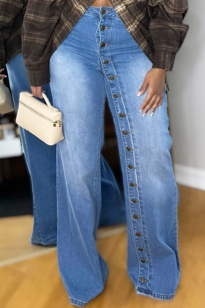 Multi-Button Straight Leg Women's Denim Pants