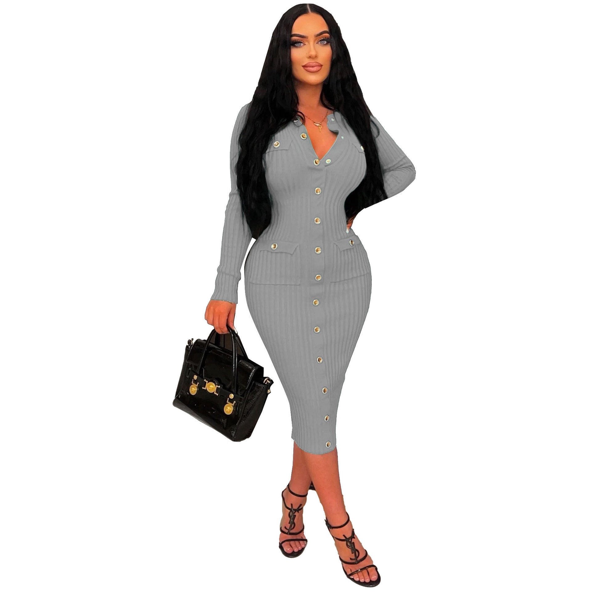 Sexy Slim Fit Solid Color Ribbed Long Bodycon Dress