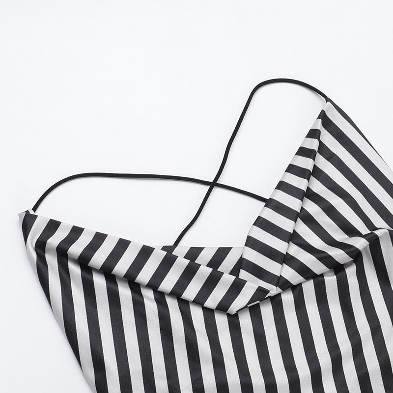 Women Suspender Pocket Neck Sexy Backless Striped Dress 8