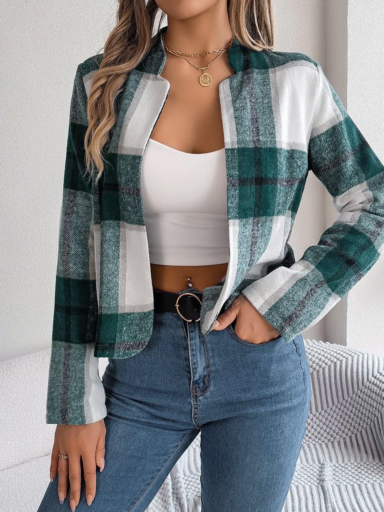 Autumn Winter Casual Plaid Long Sleeve Women Tweed Coat 5