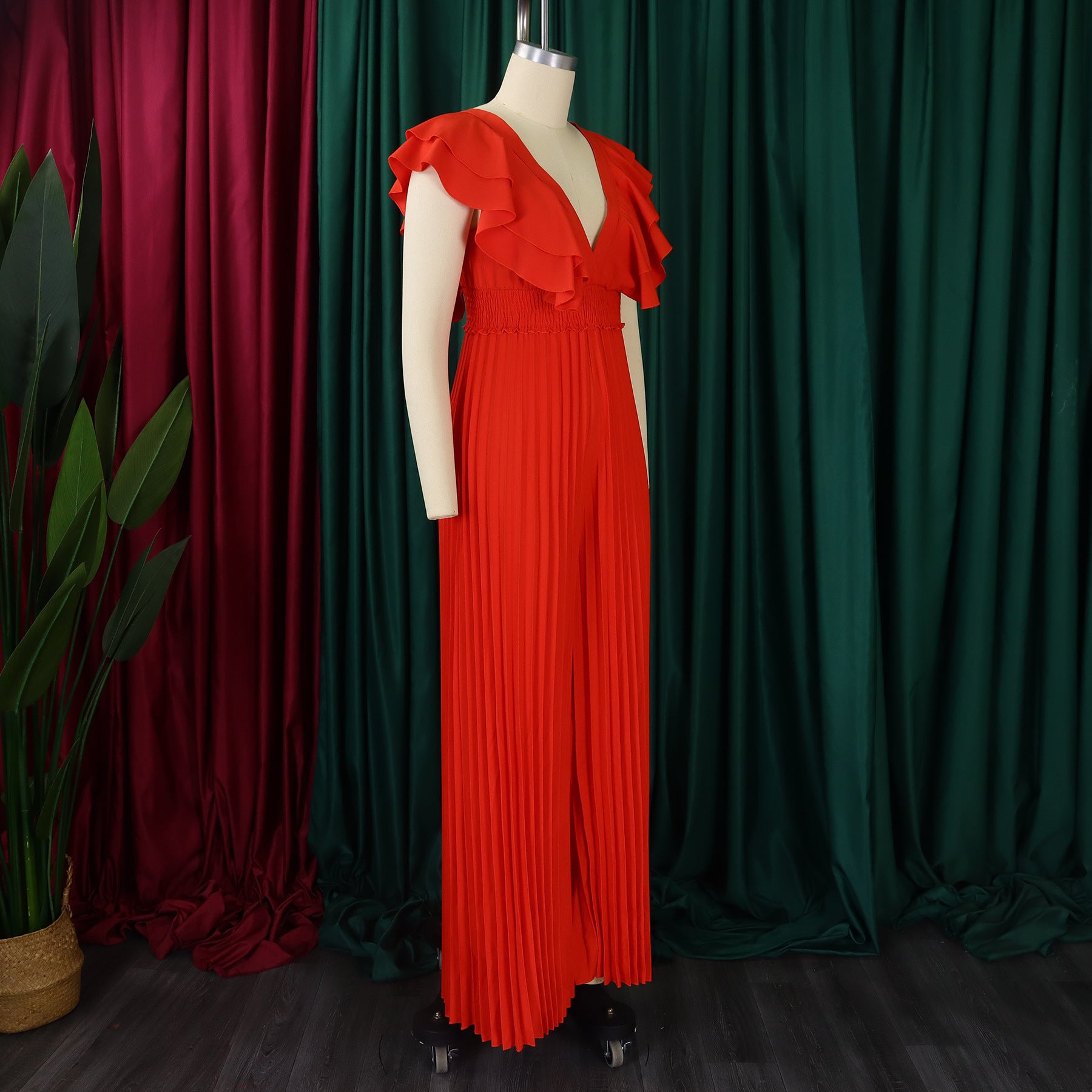 Women's Deep V Neck High Waist Sexy Ruffled Pleat Wide Leg Jumpsuit 16