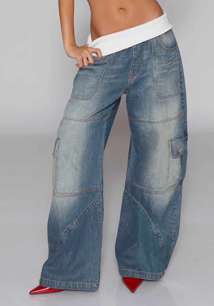 Women Fall/Winter Colorblock Waistband Denim Pants
