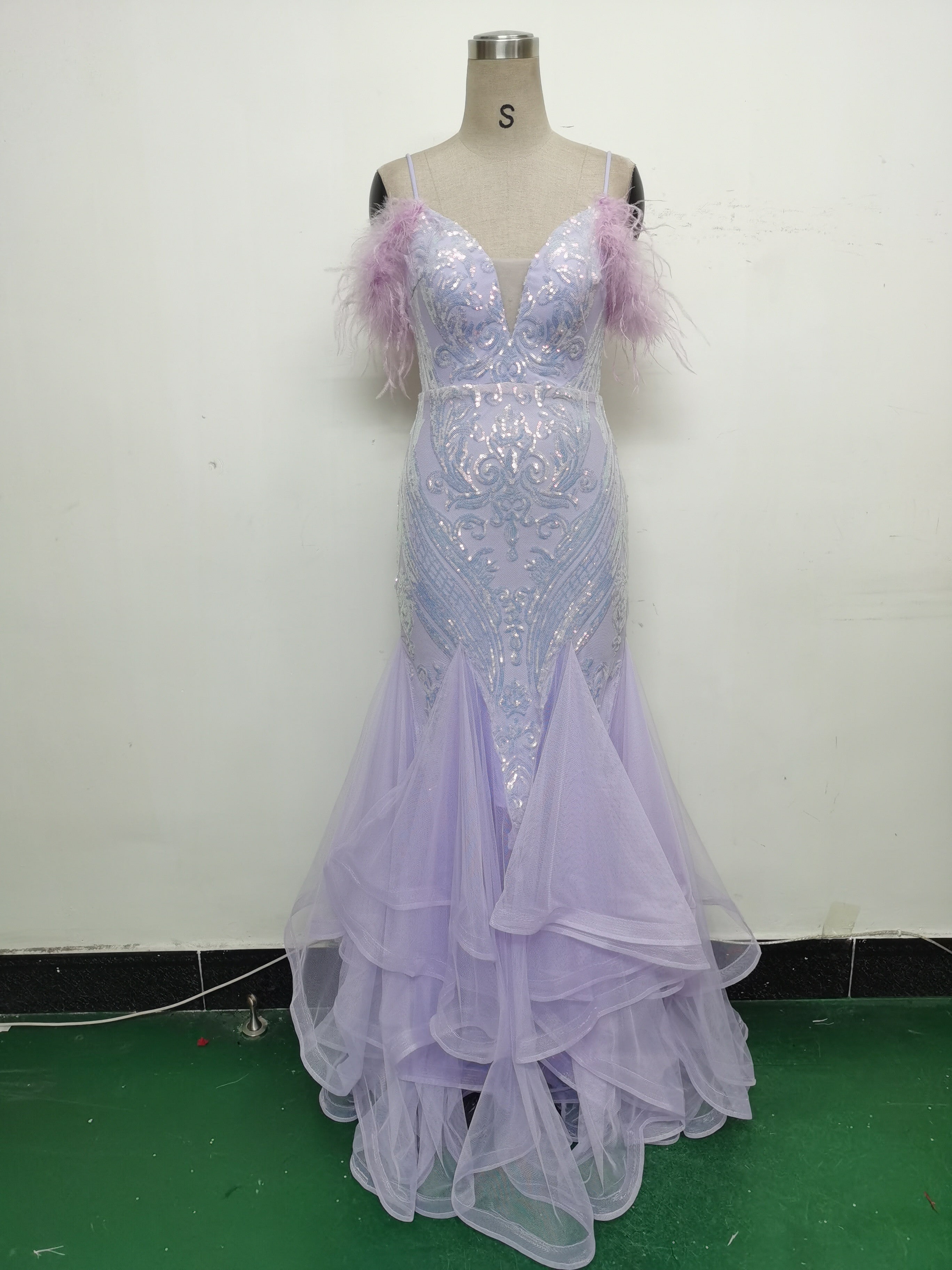 Women ostrich feather flower sequins patchwork mesh evening dress 27