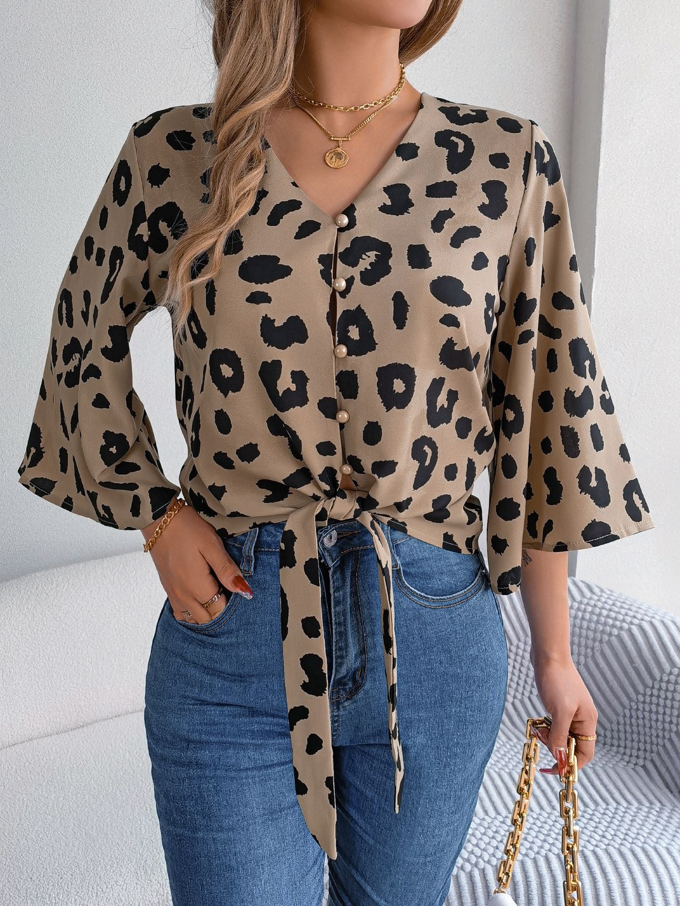 Women Casual Leopard Print Lace Up Chiffon Top 3