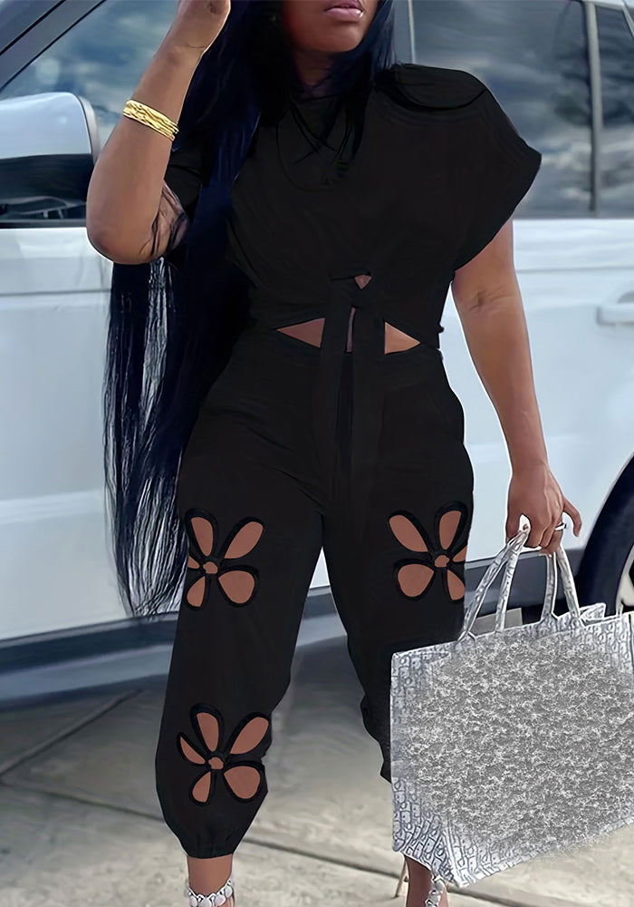 Fashion Casual Loose Pullover Irregular Tie-Dye T-Shirt Cut-Out Floral Ripped Long Pants Set