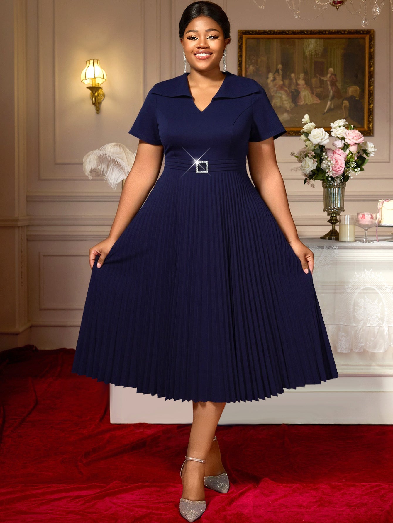 Plus-Size Women V-Neck Square-Button Elegant Pleated Dress