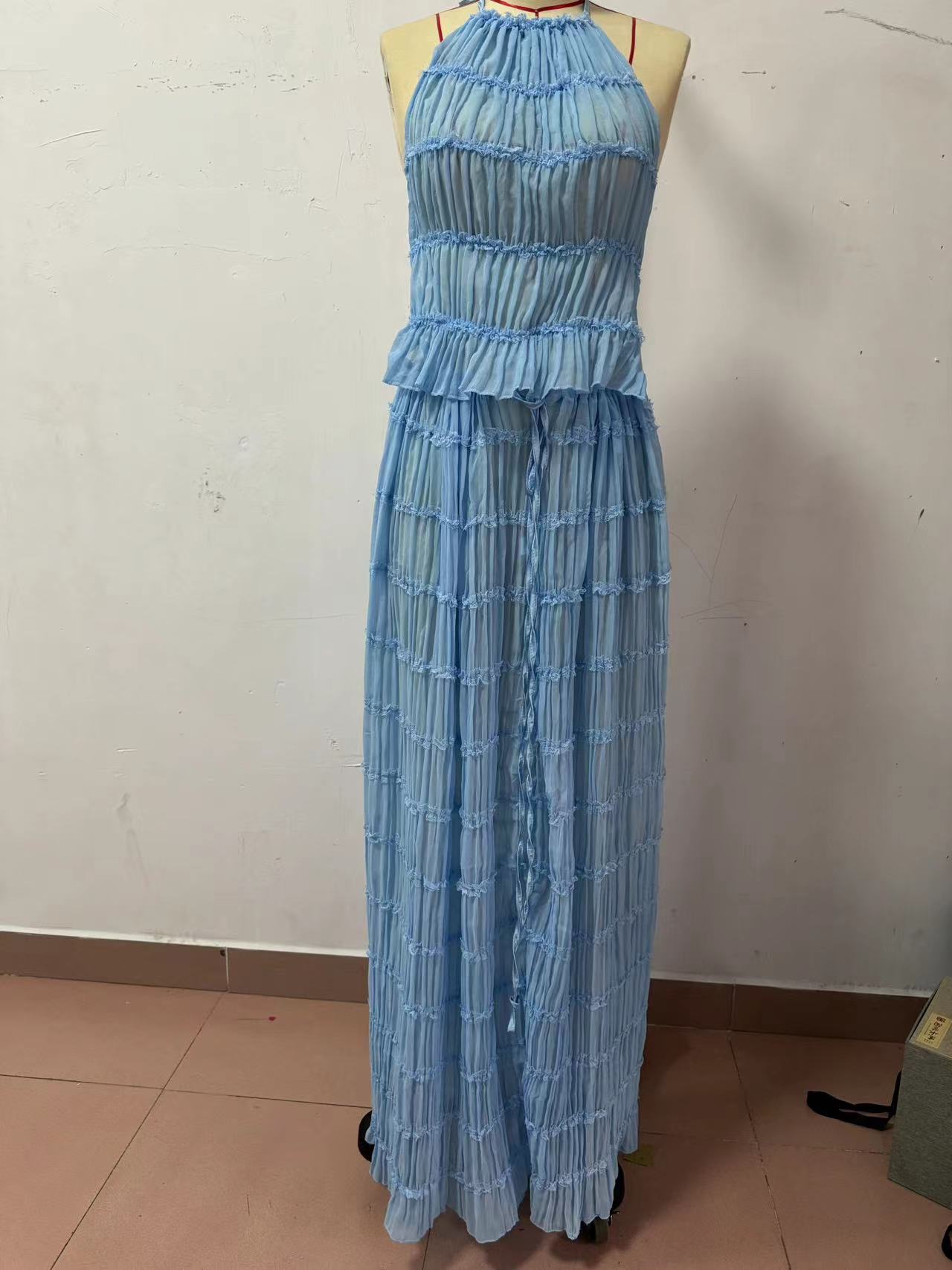 Women Spring Summer Casual Halter Neck Top and Long Skirt two-piece set 11