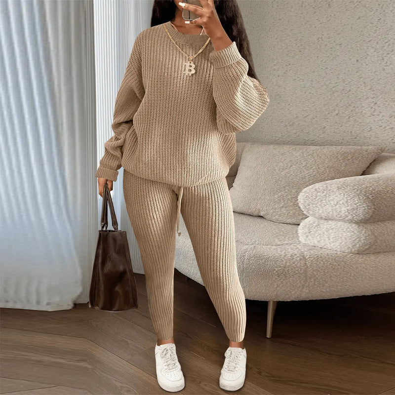 Fashion Casual Knitting Two Piece Pants Set Solid Long Sleeve Loose Sweater Trouser Suits Women's Clothing 19