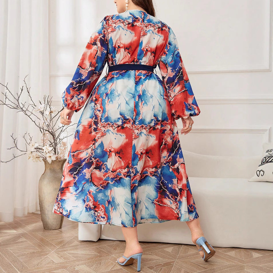 Plus Size Trendy Crisscross V-Neck Lantern Sleeve Slim Waist Print Chic Dress