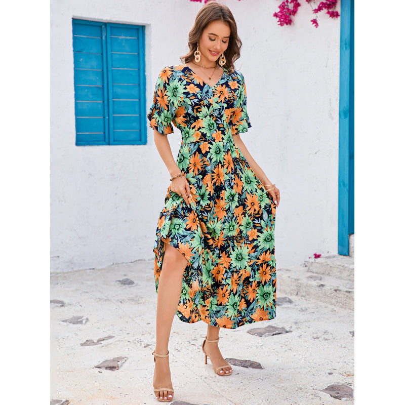 Women ruffled Bat Sleeves V-neck Bohemian beach Holidays dress 4