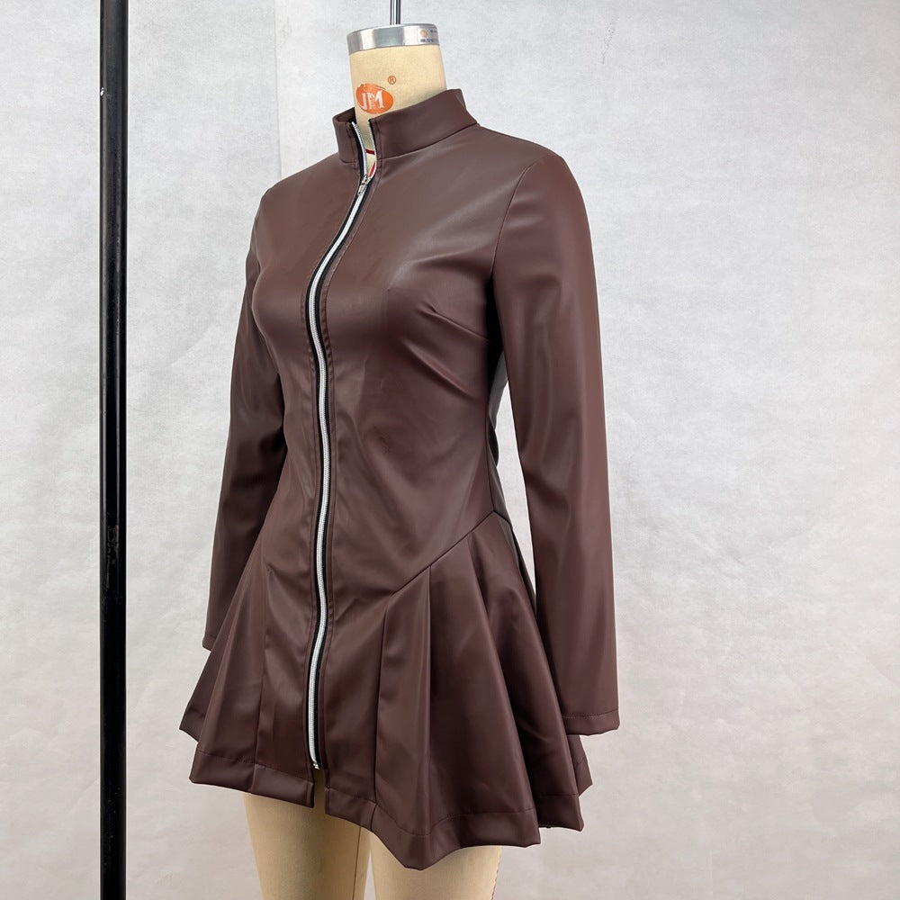 Women's Fashion Slim Fit Long Sleeve Zipper Pleated Pu Leather Dress 8