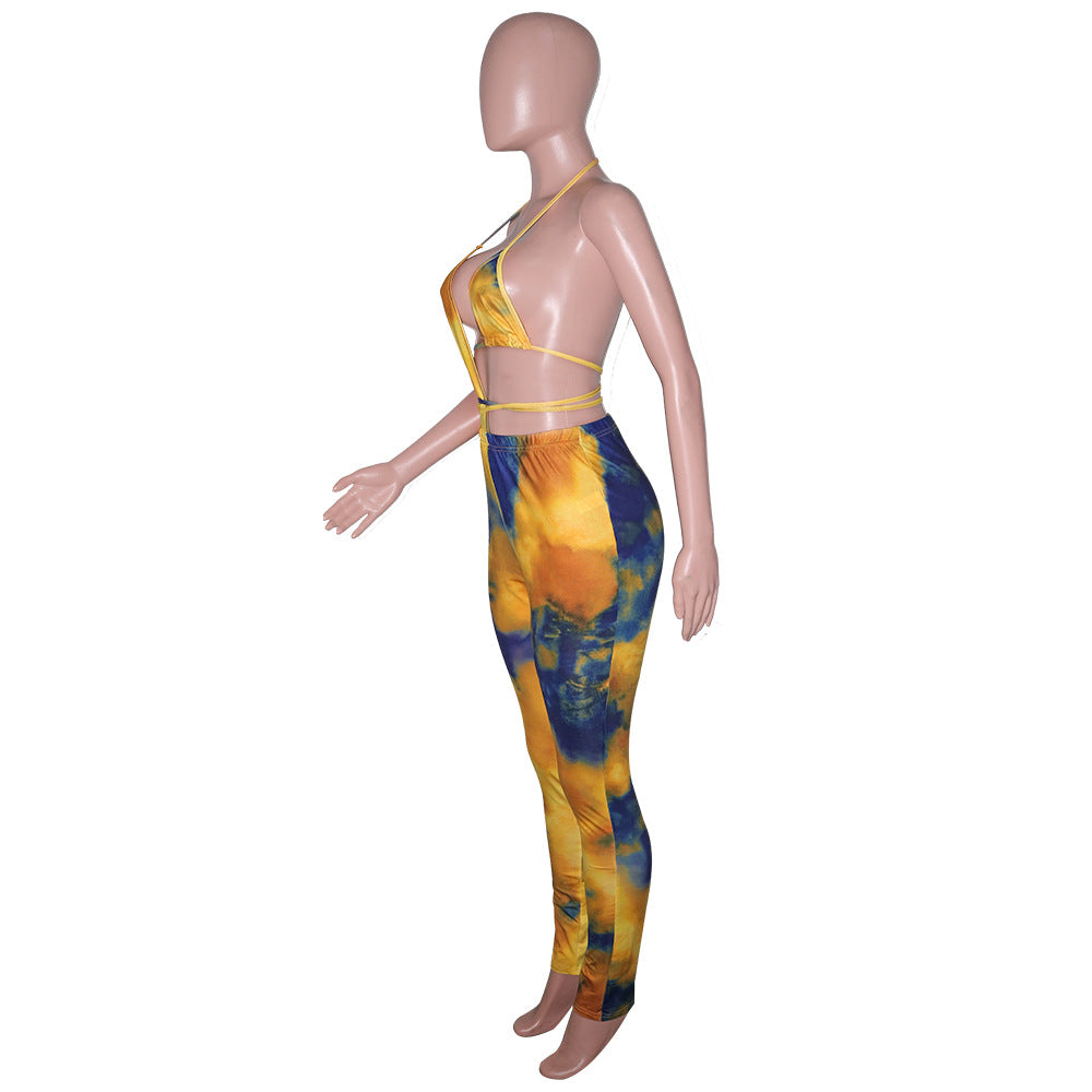 Women Summer Sexy Hollow Lace-Up Bikini Top and Printed Pant Two-piece Set 18