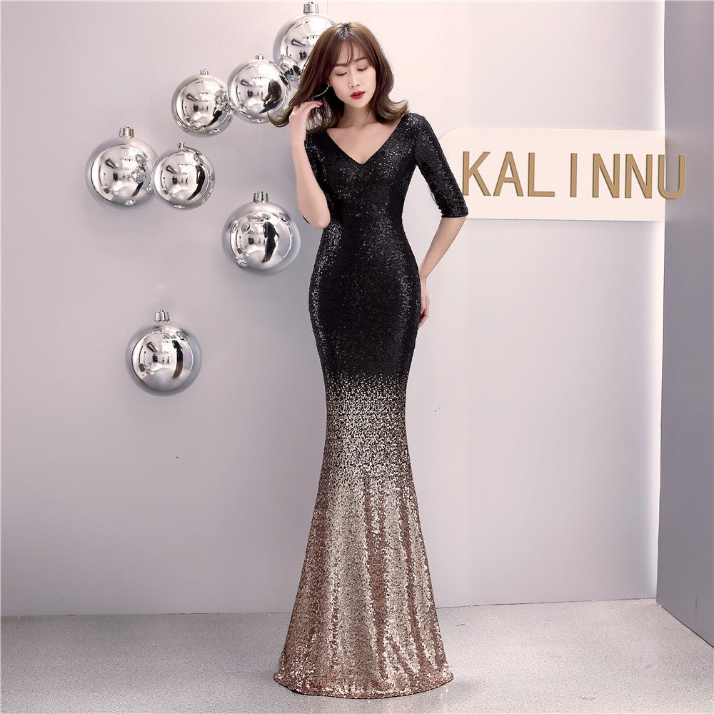 Long Sequin Half Sleeve V-neck Plus Size Fat Beauty Mermaid Formal Party Evening Dress 3