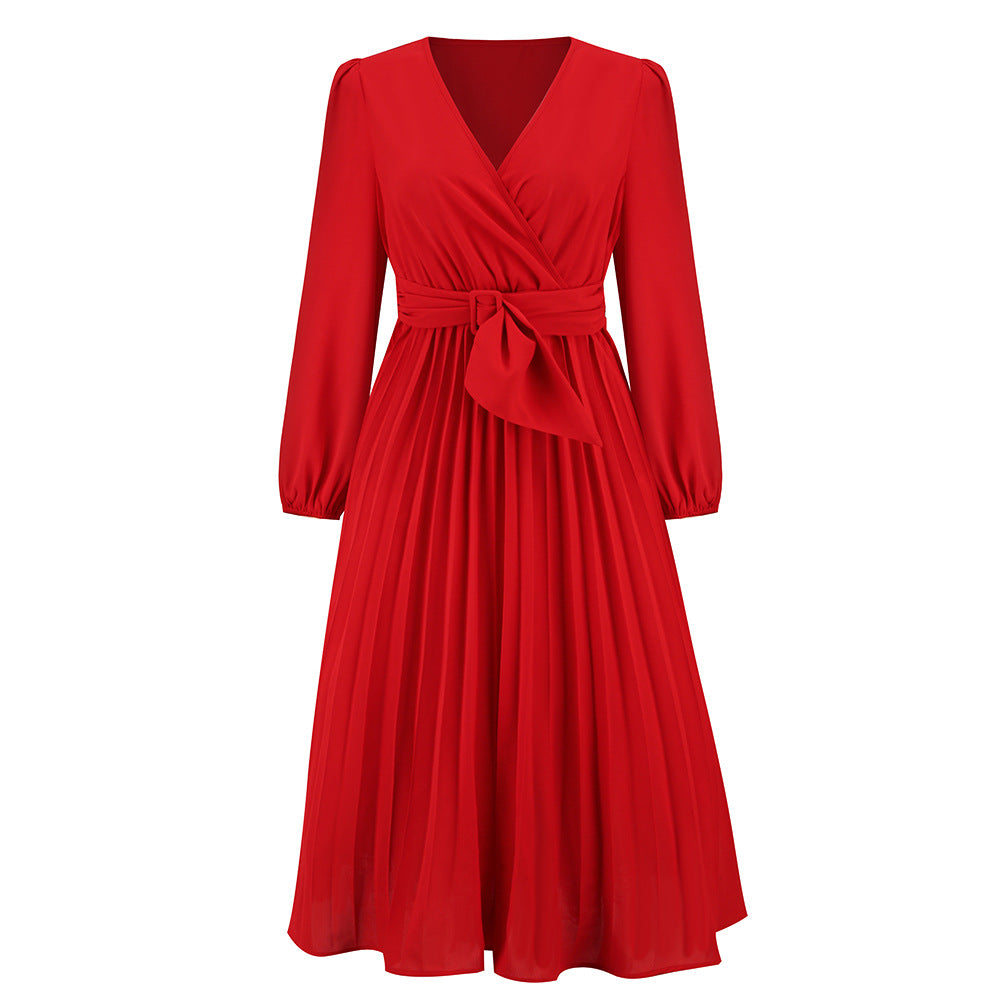 Women Long-Sleeved Pleated Belt V-Neck Dress 10
