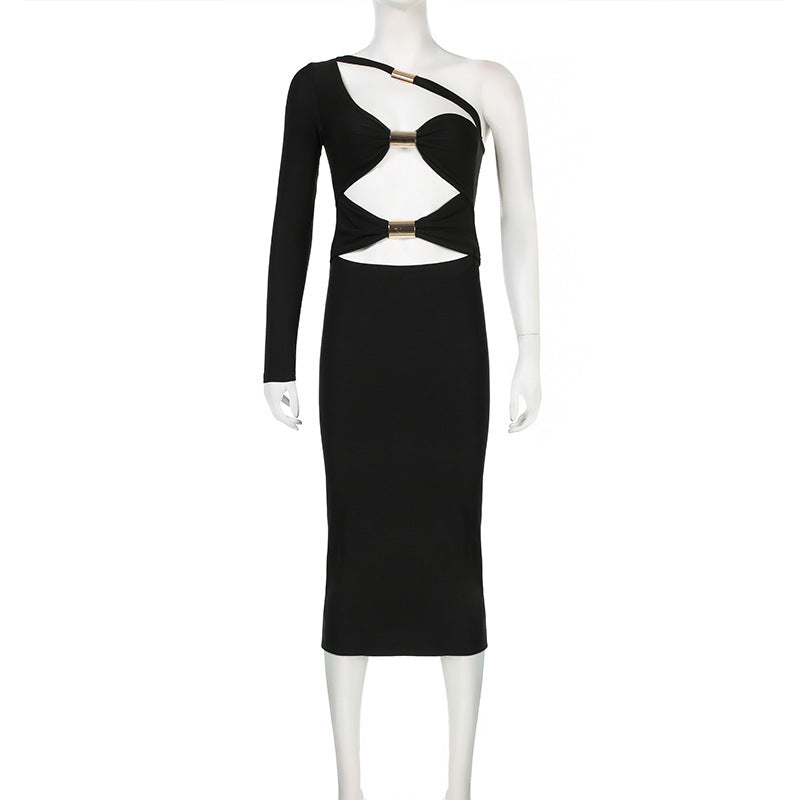 Women Sexy Hollow Tube Slash Shoulder One-shoulder Sleeve Bodycon Dress 10