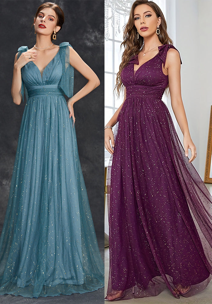 Women sequined bow elegant v-neck ball suspender evening dress（Processing time need 3-6 days）