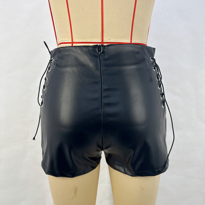 Women Autumn and Winter Black Stretchy Pu-Leather Shorts 5