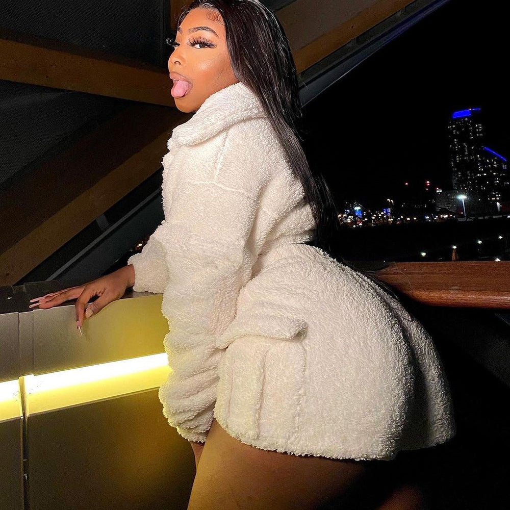 Solid Color Two-Piece Fashionable Fleece Long-Sleeved Top Shorts Set 5