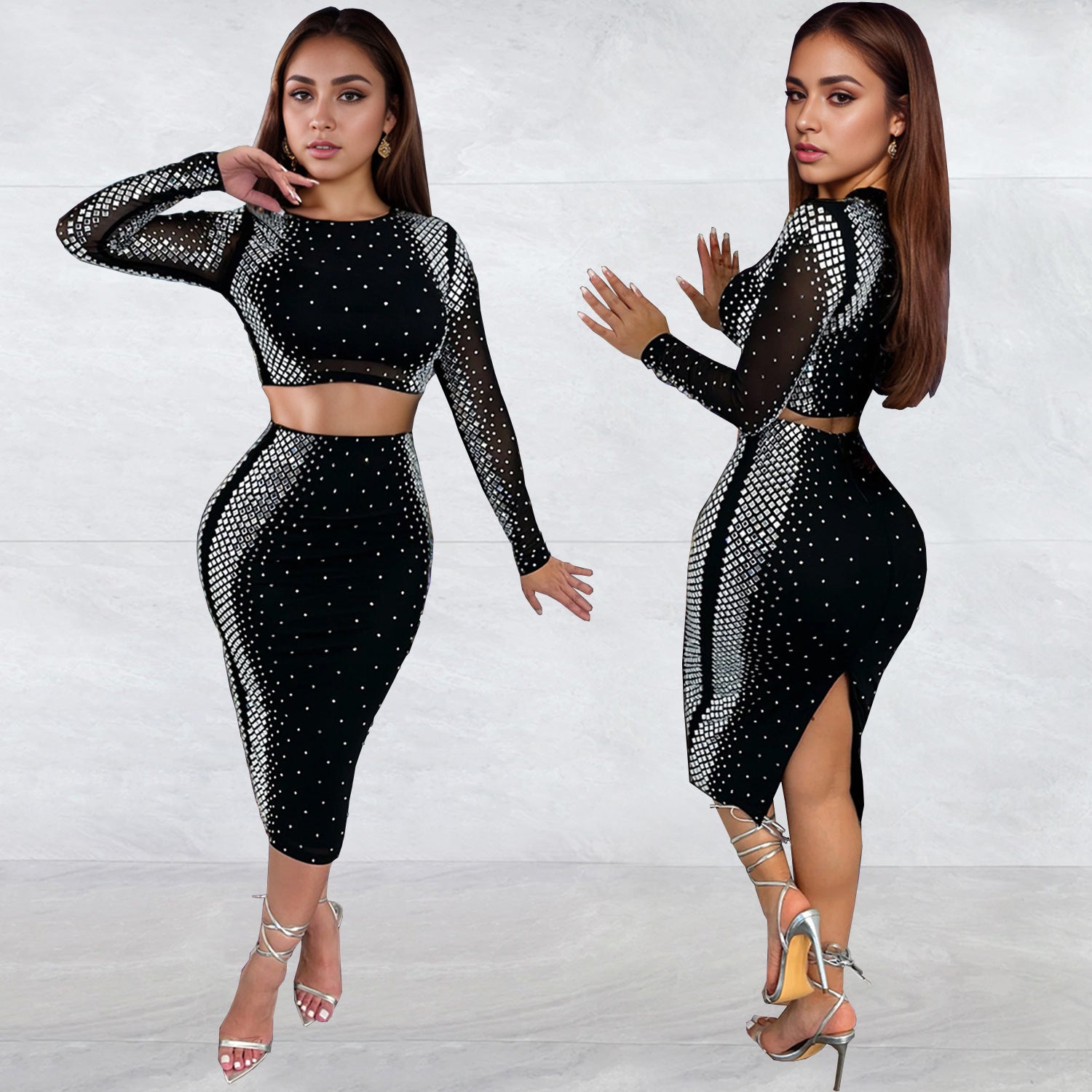 Beaded Long Sleeve Slim Two Piece Skirt Set（customized,MOQ 6pcs/size/color,process time 7-10 days）