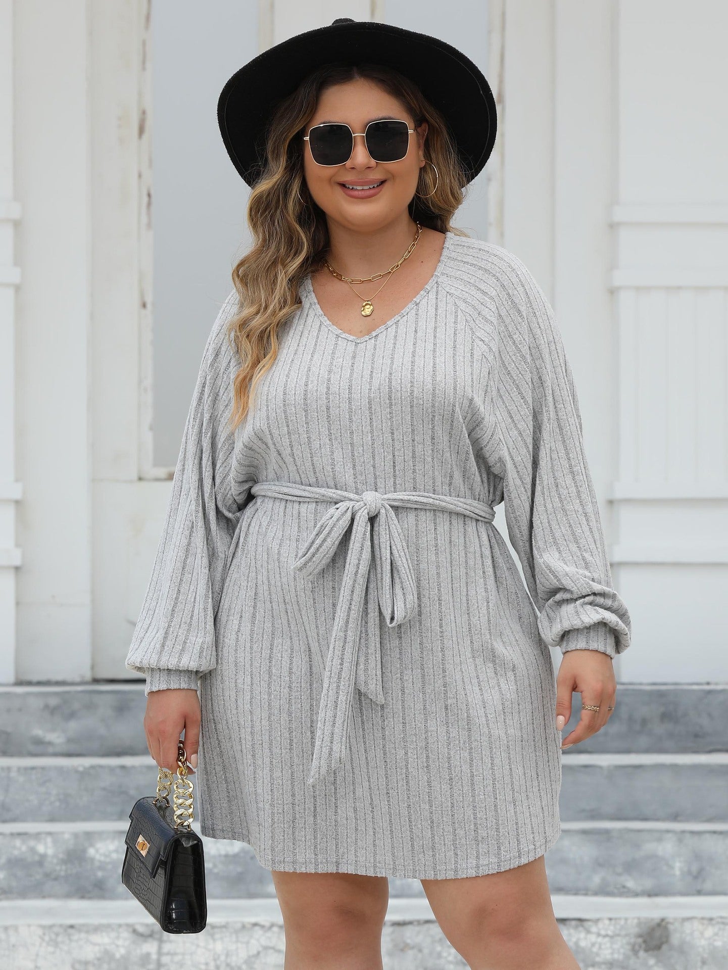 Plus Size Women Lace-Up Ribbed V-Neck Casual Dress 3
