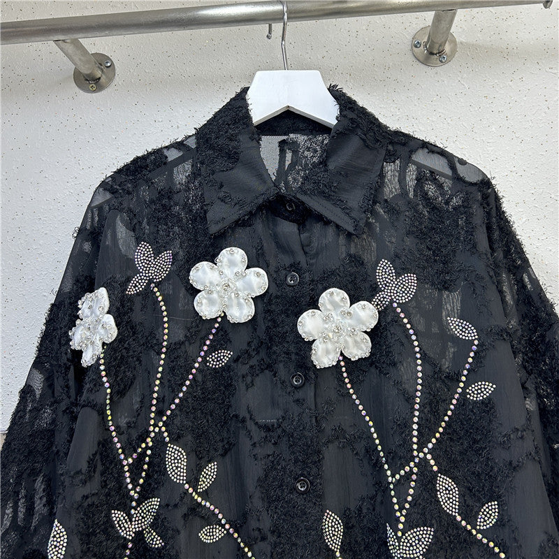 Women Turndown Collar long-sleeved flower diamond shirt 6
