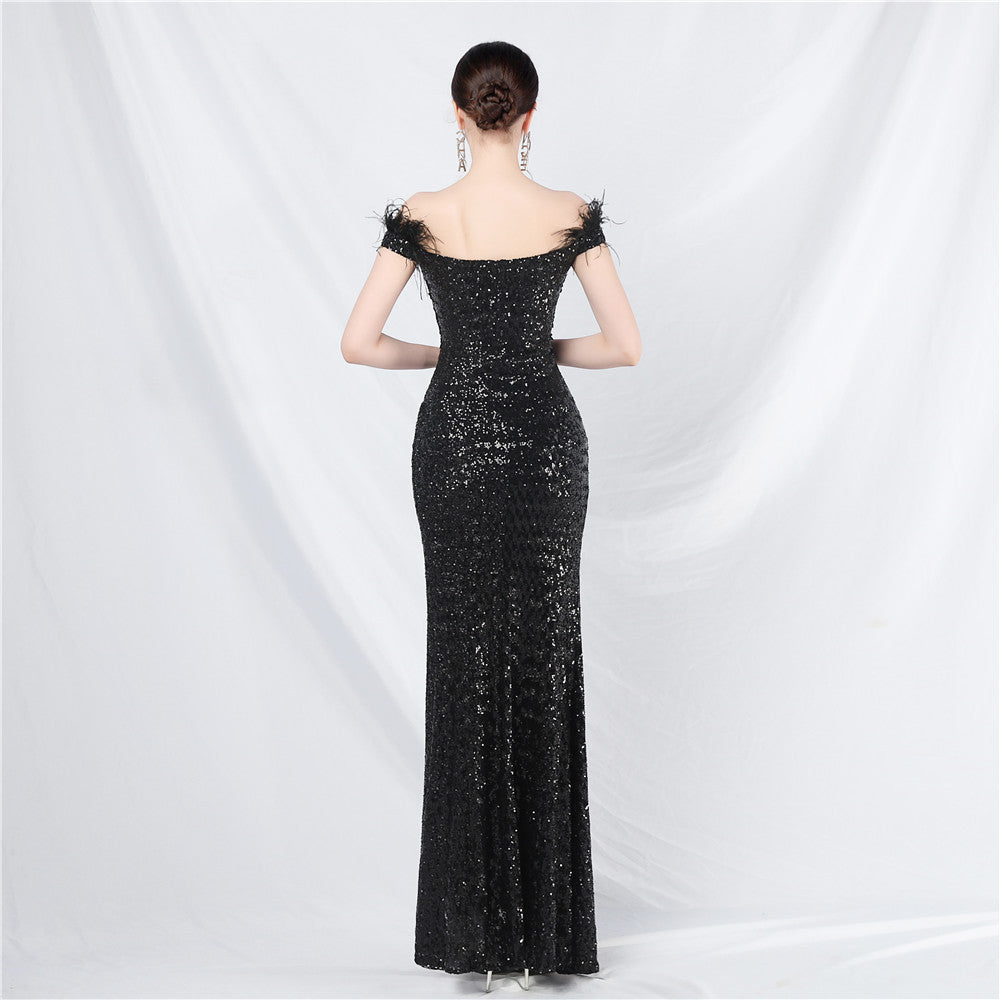 Women ostrich feather lace Beaded palace vest fishbone evening dress 7