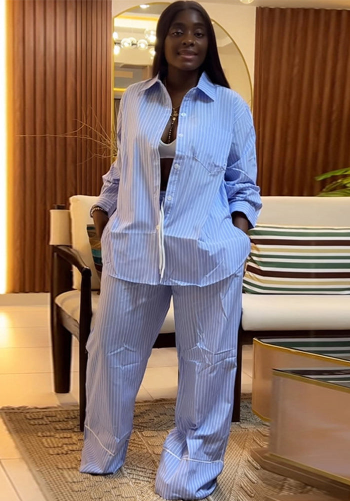 African Women's Summer Turndown Collar Loose Striped Shirt & Wide-Leg Pants Two Piece Set 4