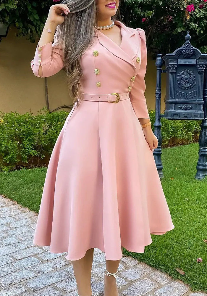 Women Turndown Collar Pleated Lace-Up Belted Dress