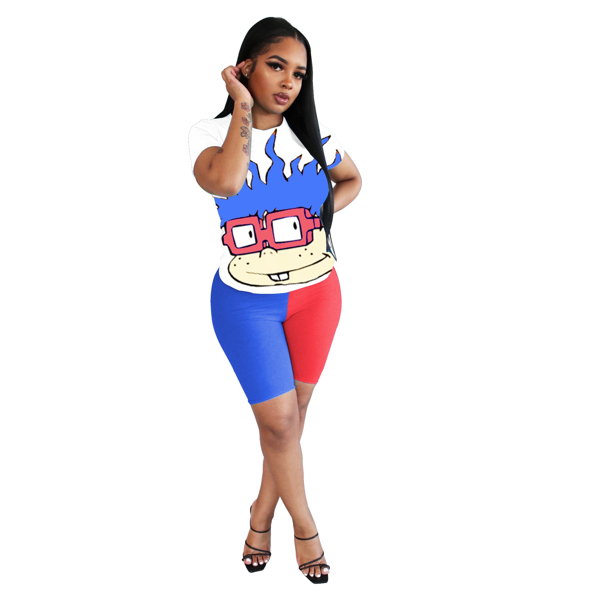 Women's Cartoon Printed Contrast Color Two Piece Fashion T-Shirt Shorts Set 15