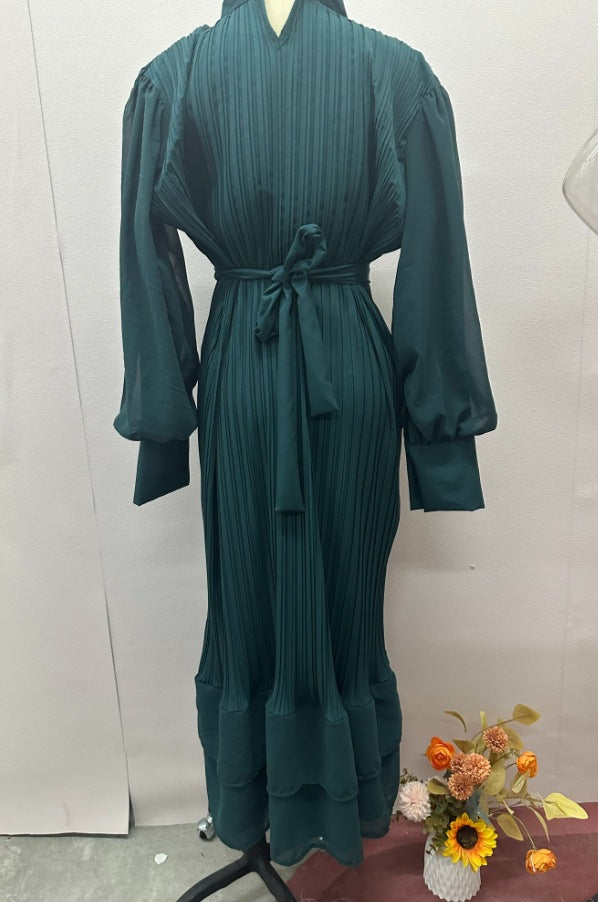 Autumn Fashion Solid Color Mesh Patchwork Pleated Dress For Women 11