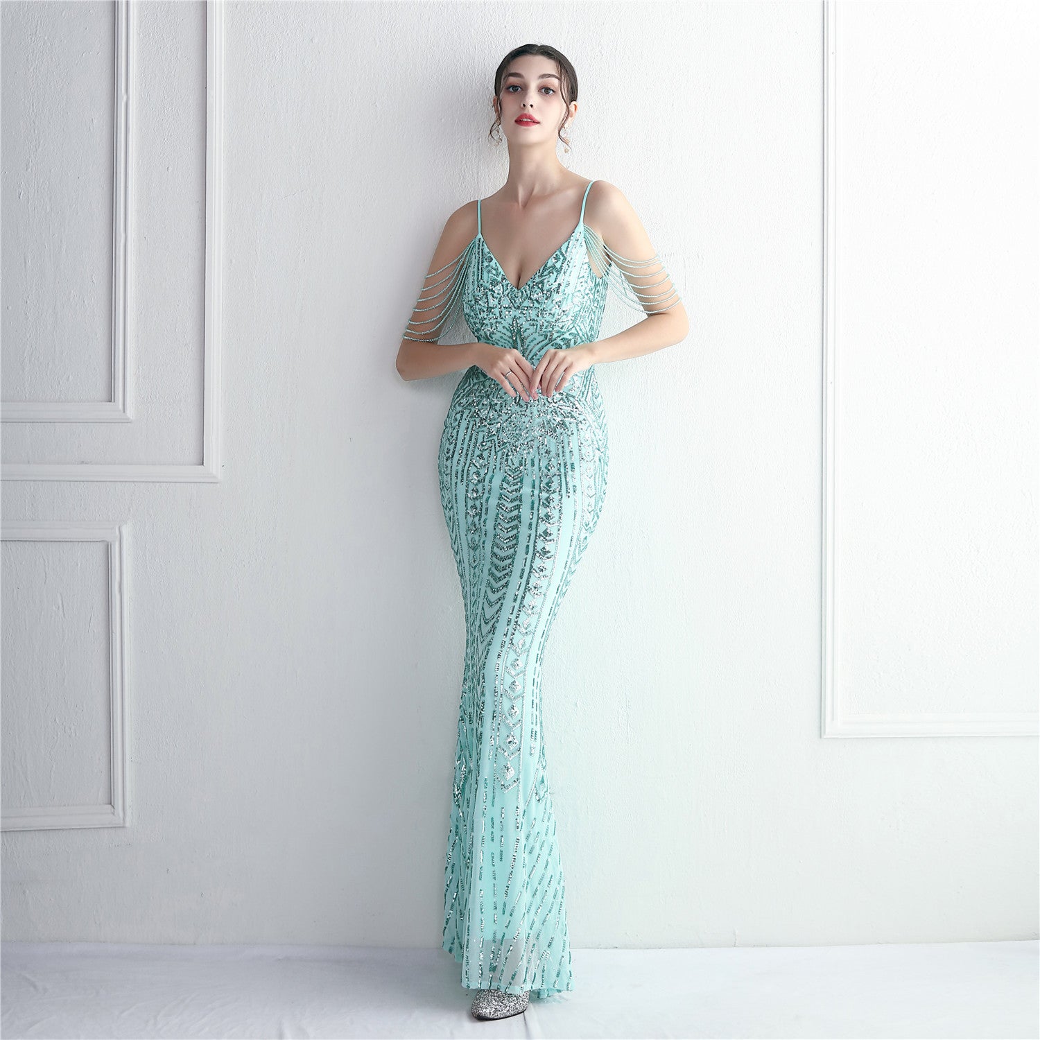 Elegant Chic Beading Straps Party Sequin Prom Dress Long Formal Party Gown Slim Evening Dress 10