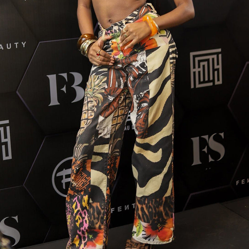 Women's Floral Leopard Print Cargo Loose Straight Trousers 5