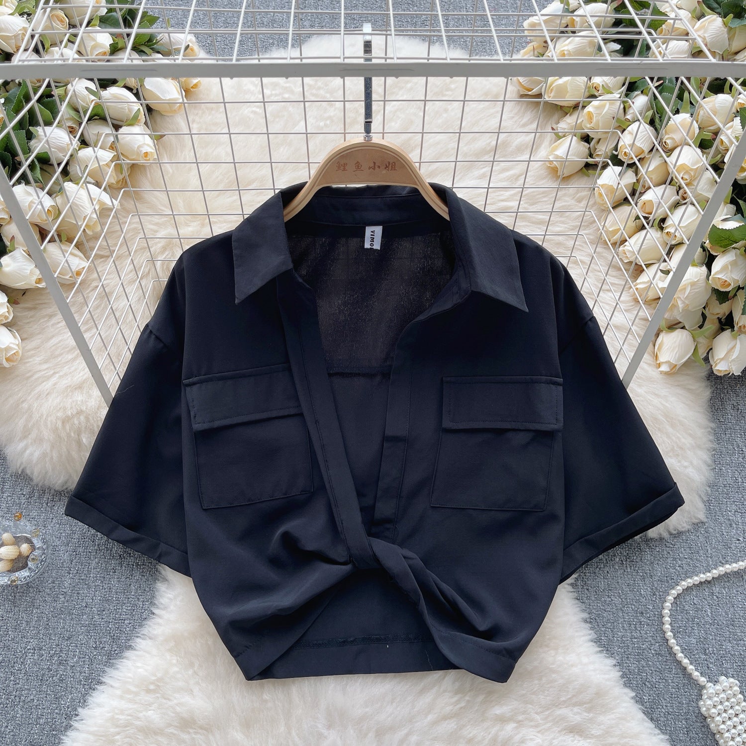 Women Turndown Collar v-neck Knot short-sleeved Crop Top 8