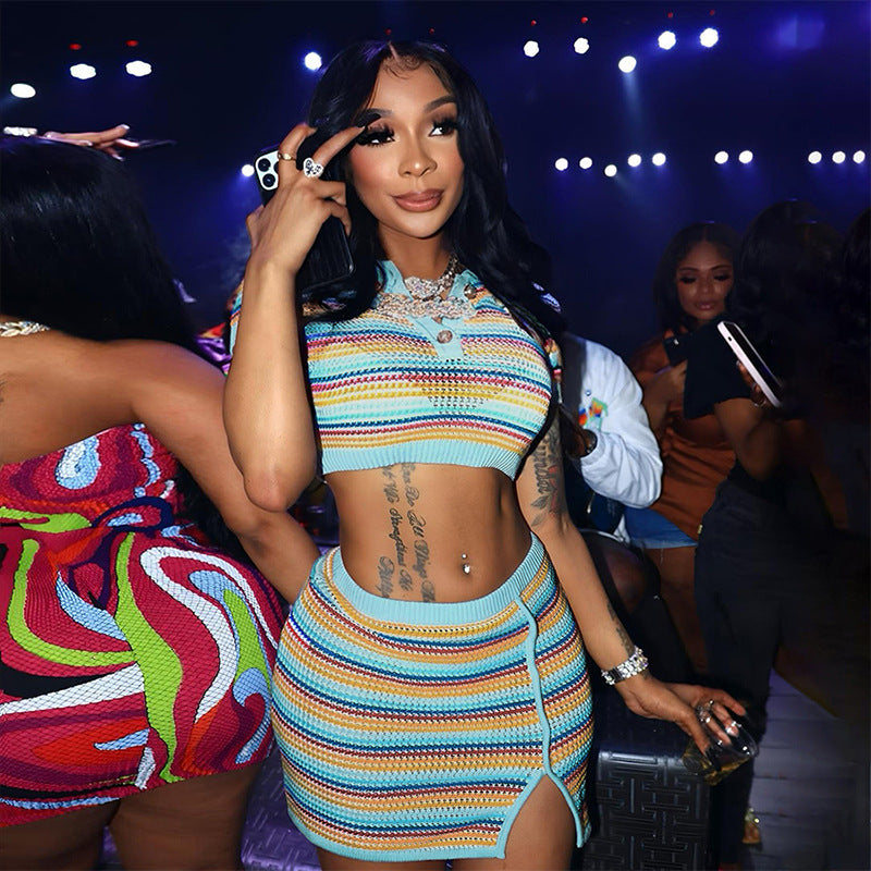 Fashion Turndown Collar Short Sleeve Crop Stripe Colorblock Sexy Knitting Short Slim Fit Women's Dress 3