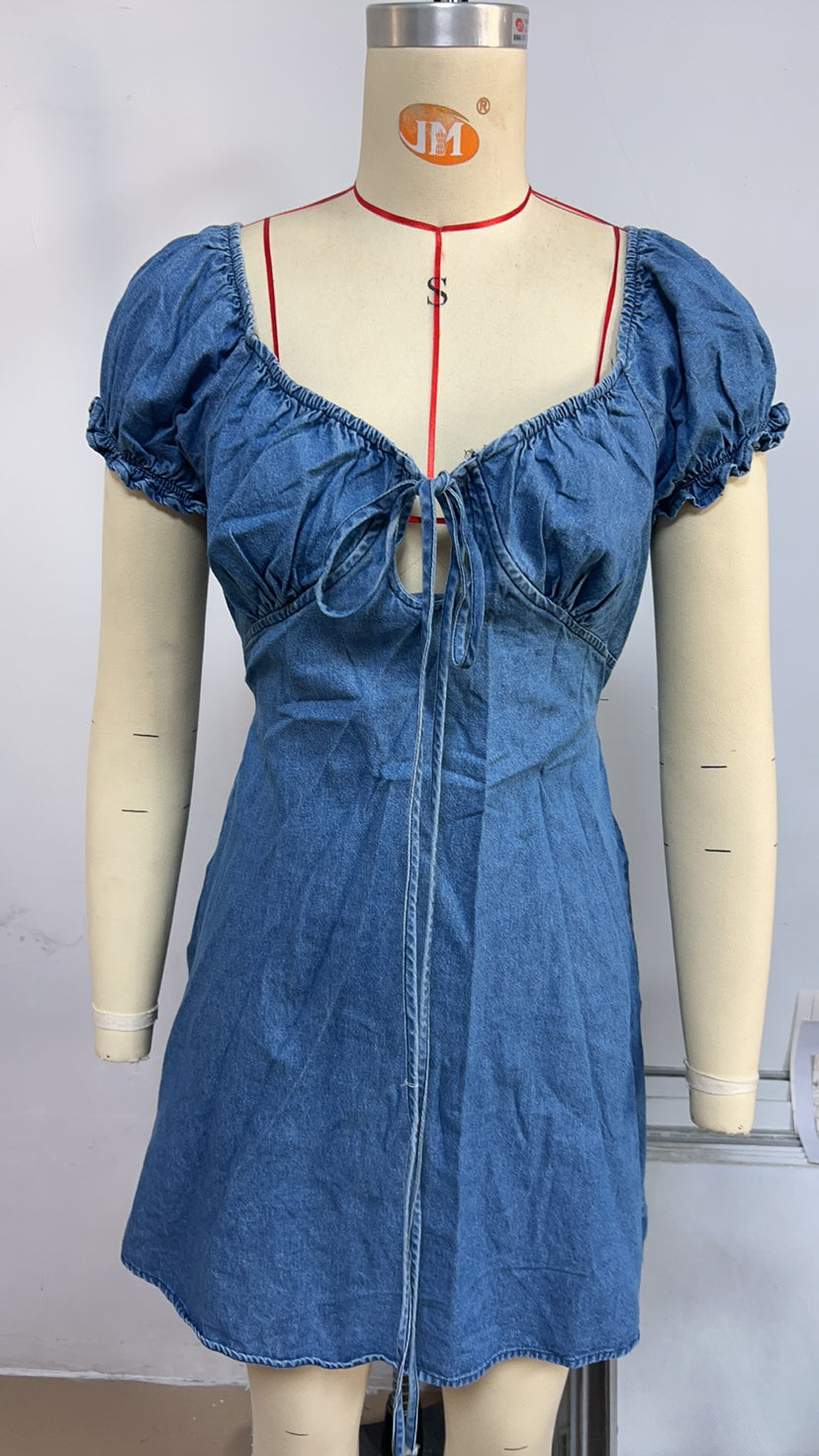 Women Hollow Lace Puff Sleeve Denim Dress 8