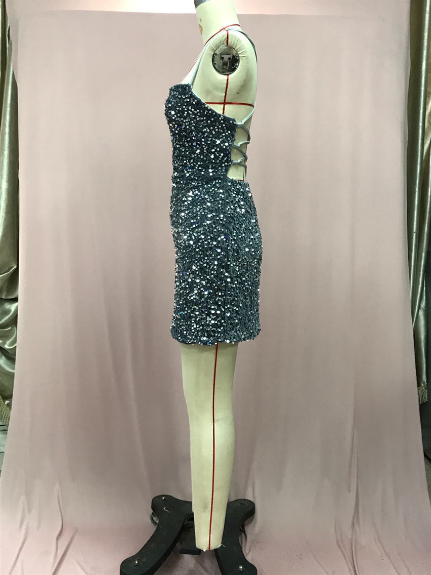 Women French Sequin Backless Bodycon Dress 17